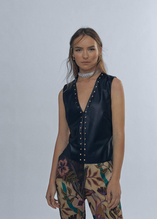 12460005-Studded leather top-Black