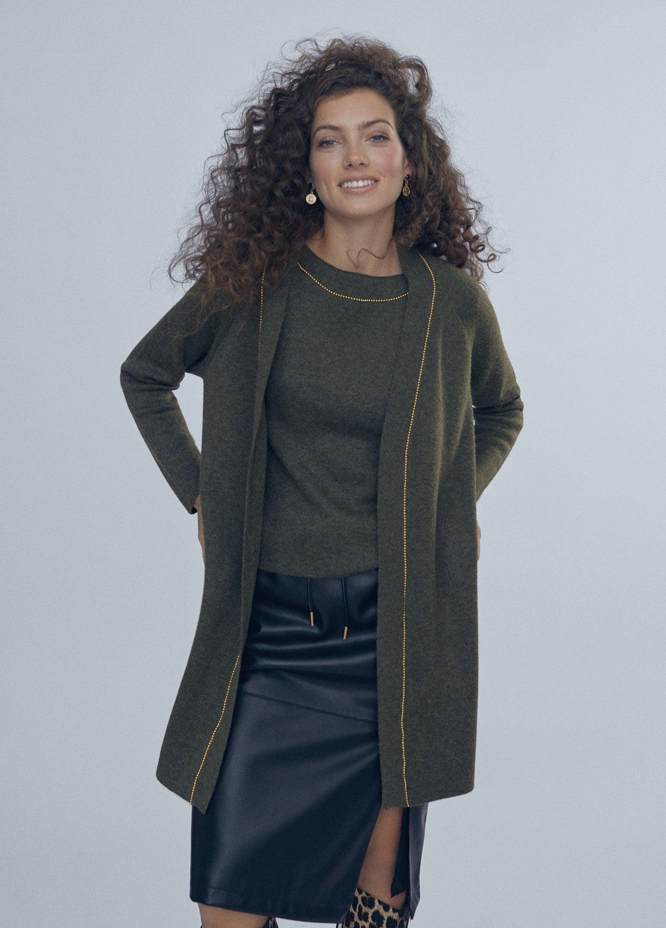 12461009-Contrast cardigan-Kaki