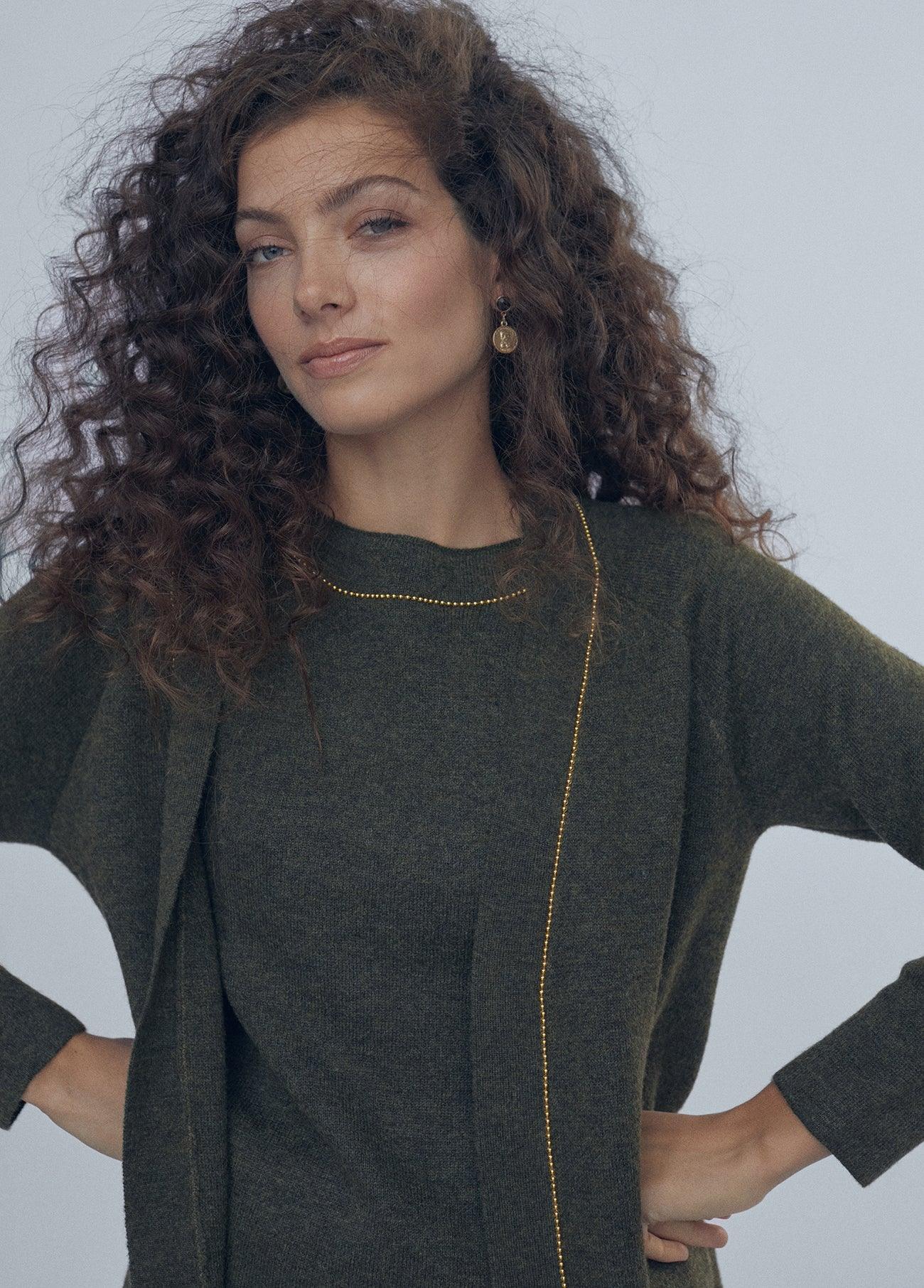 12461009-Contrast cardigan-Kaki