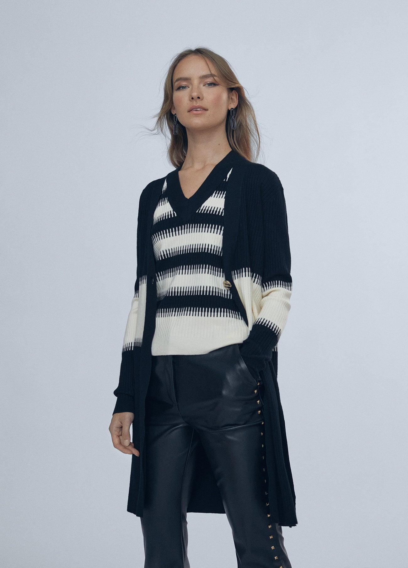 12461023-Contrast knit cardigan-Multi