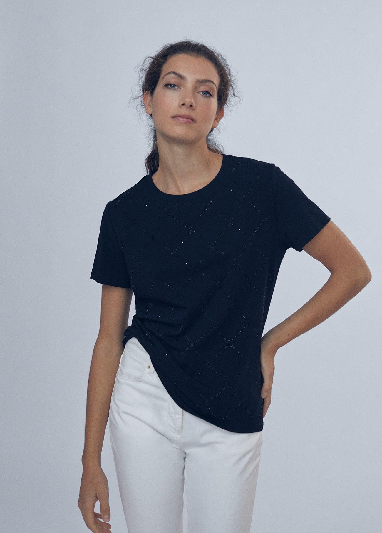 12462007-LC rhinestone T-shirt-Black