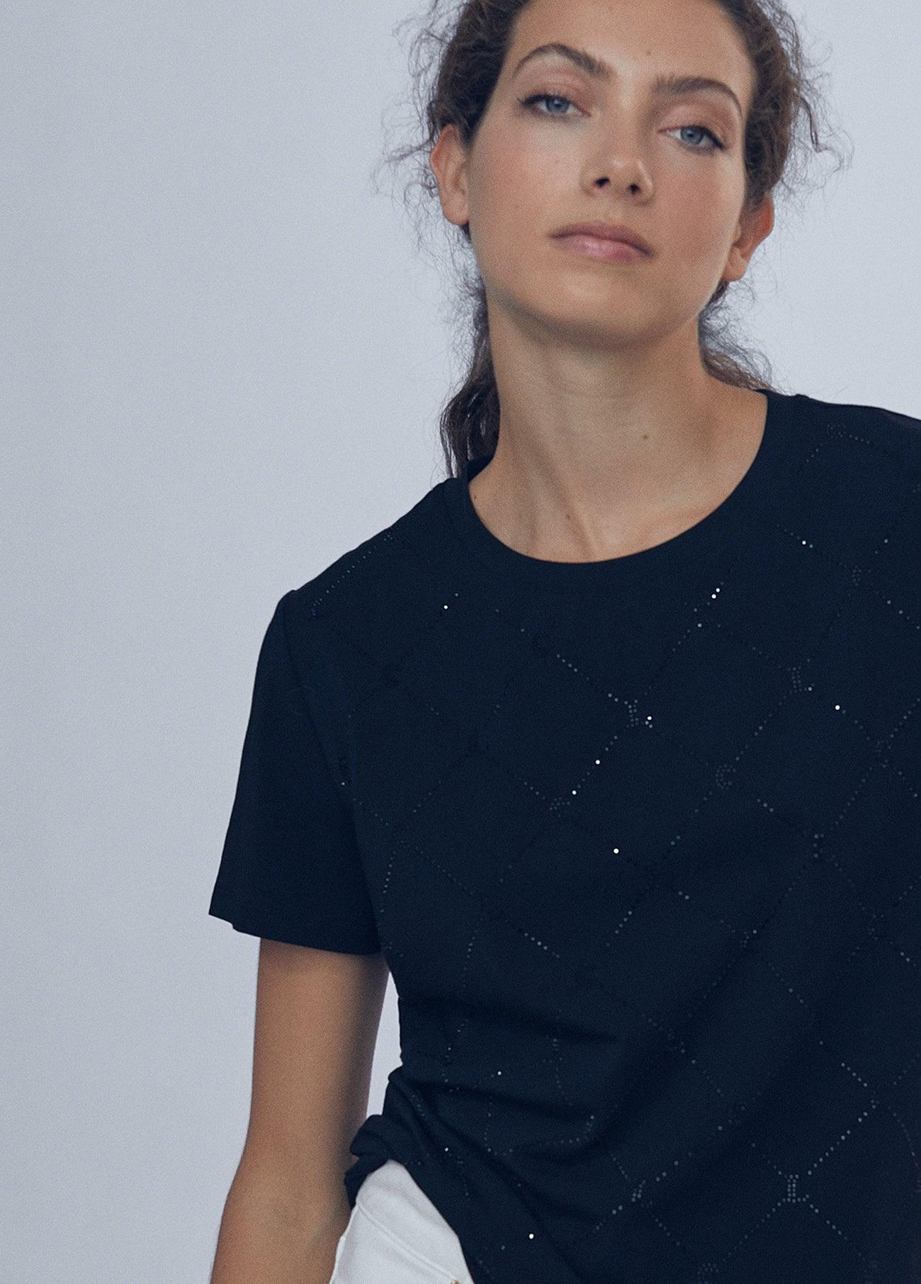 12462007-LC rhinestone T-shirt-Black