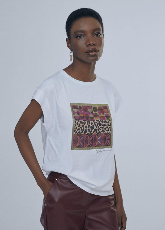 12462017-Short sleeve geometric detail T-shirt-White