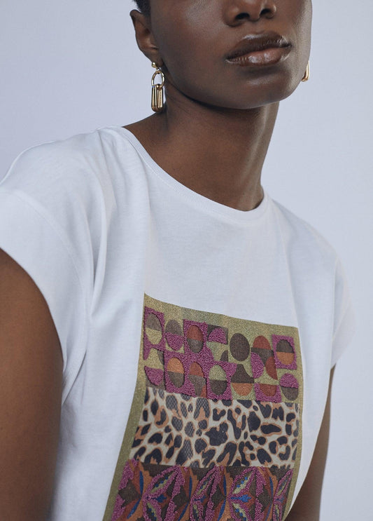 12462017-Short sleeve geometric detail T-shirt-White