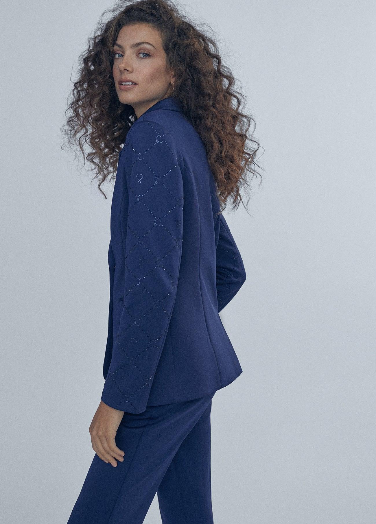 12463006-Blazer with rhinestone sleeve detail-Blue