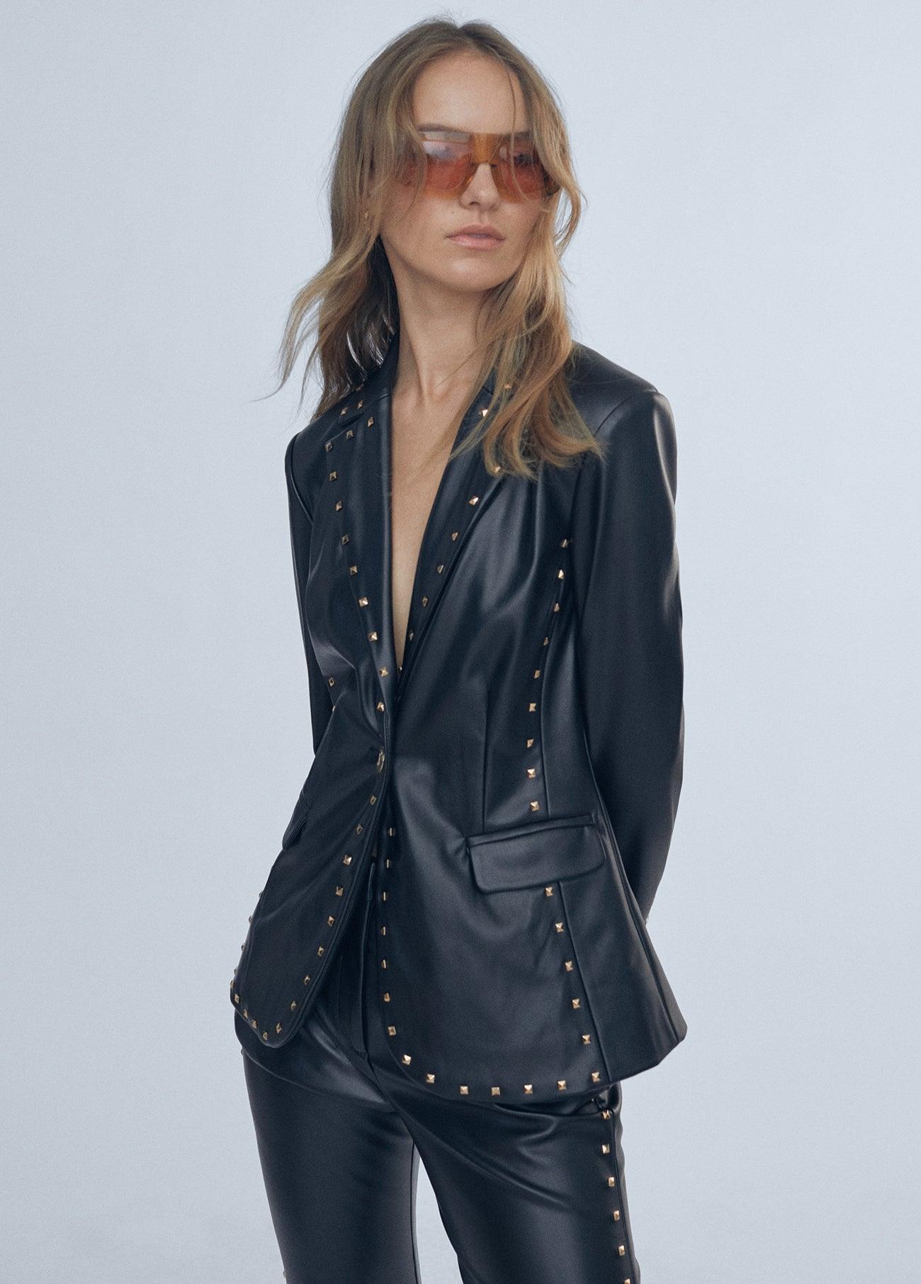 12463008-Faux leather blazer with stud details-Black