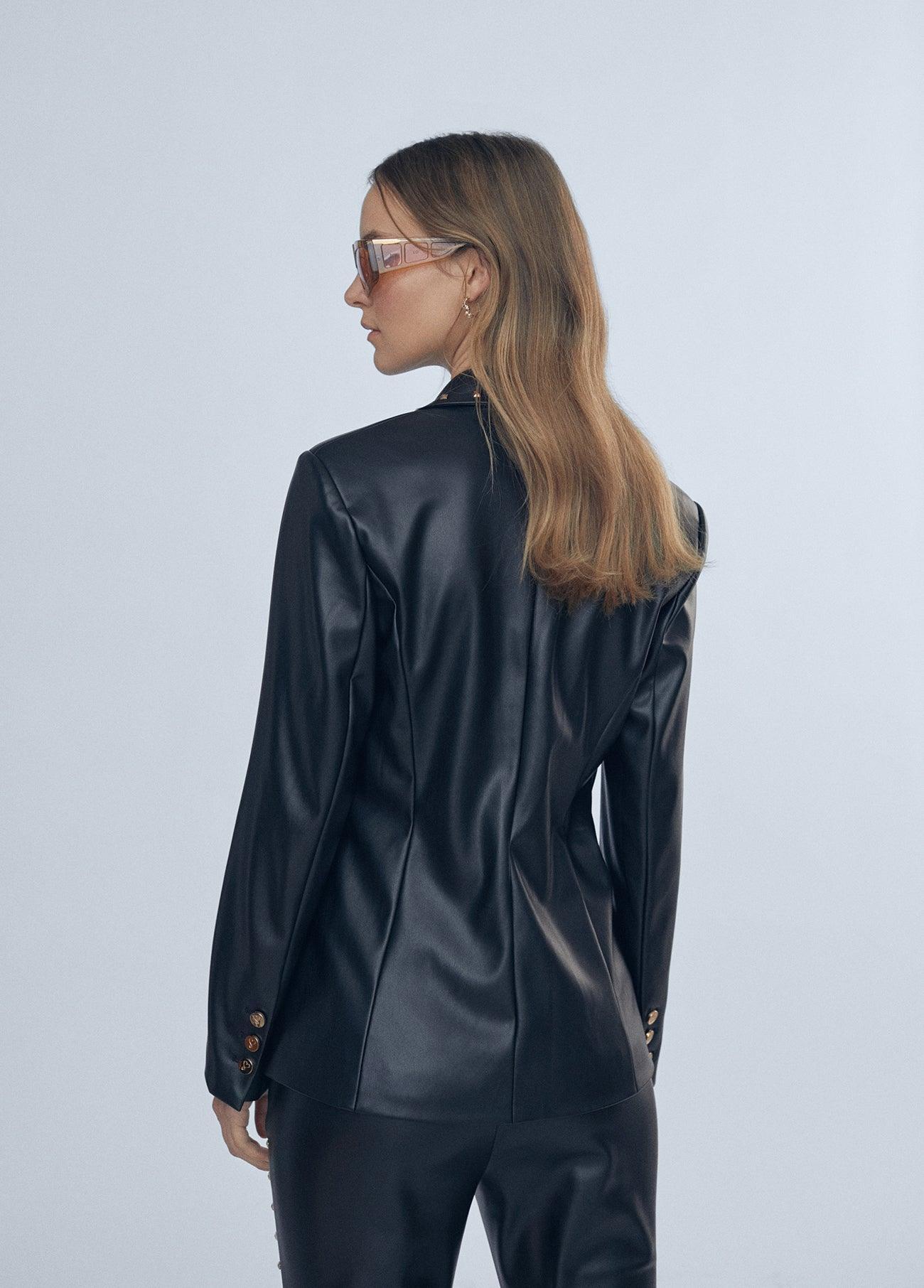 12463008-Faux leather blazer with stud details-Black