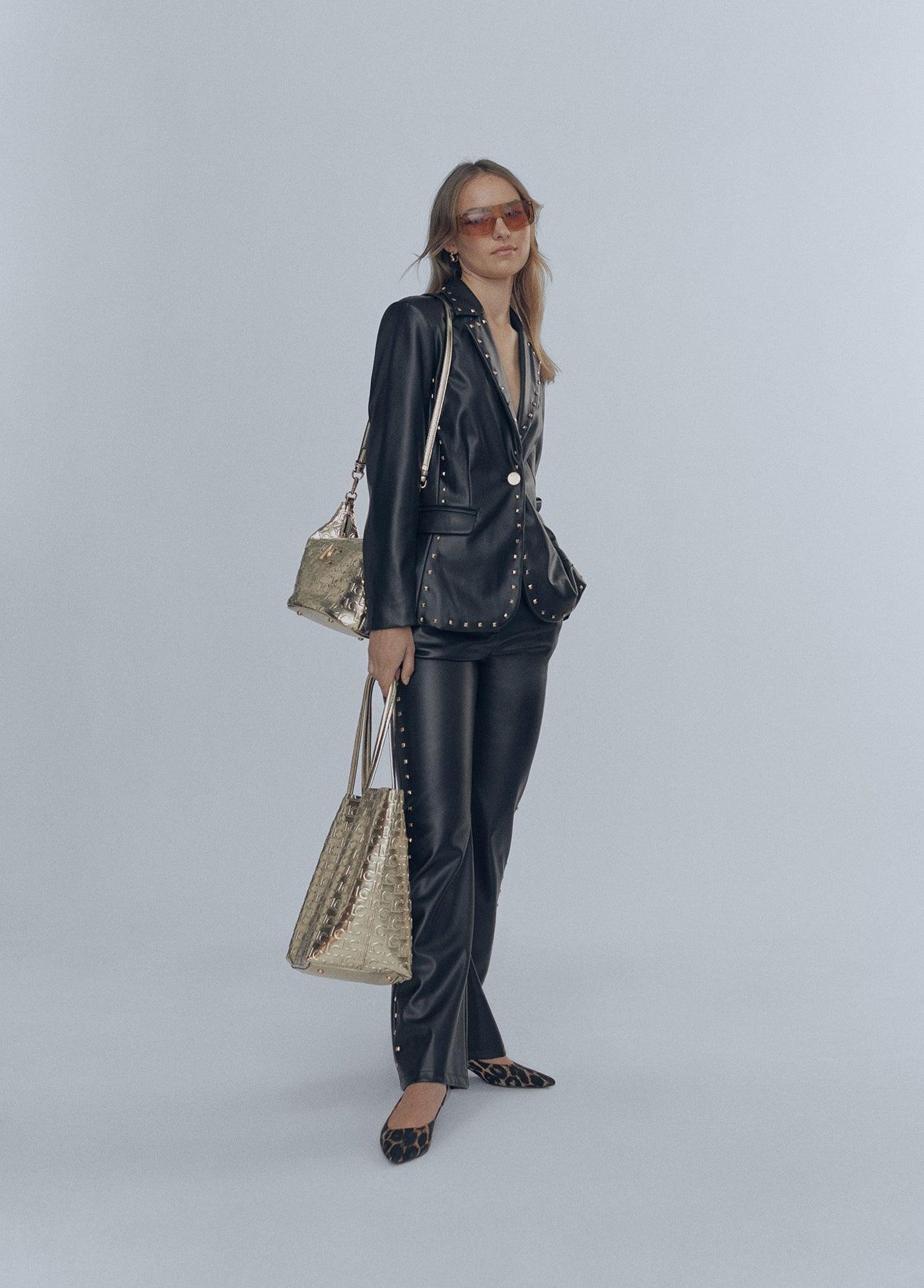 12463008-Faux leather blazer with stud details-Black