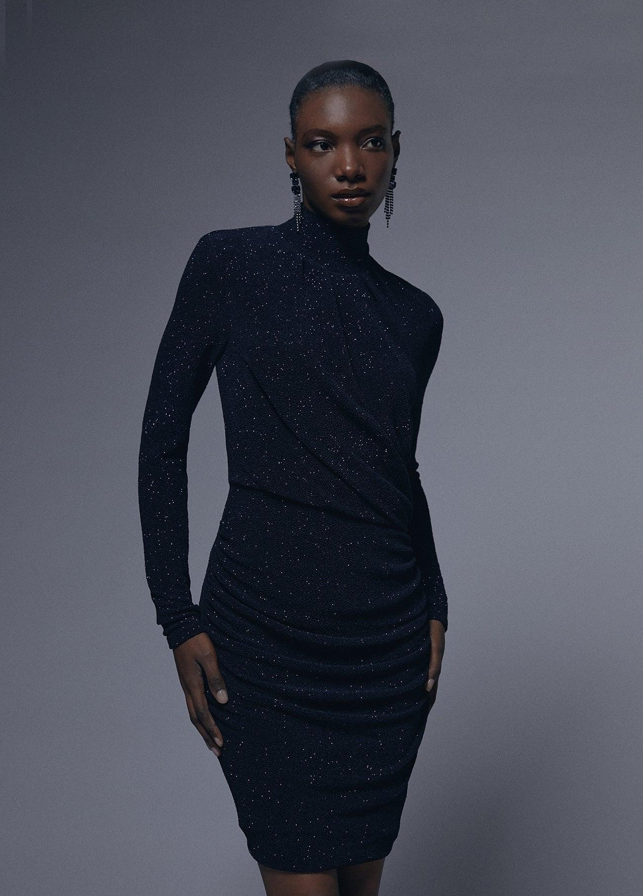 12465007-Draped dress with shoulder pads detail-Blue