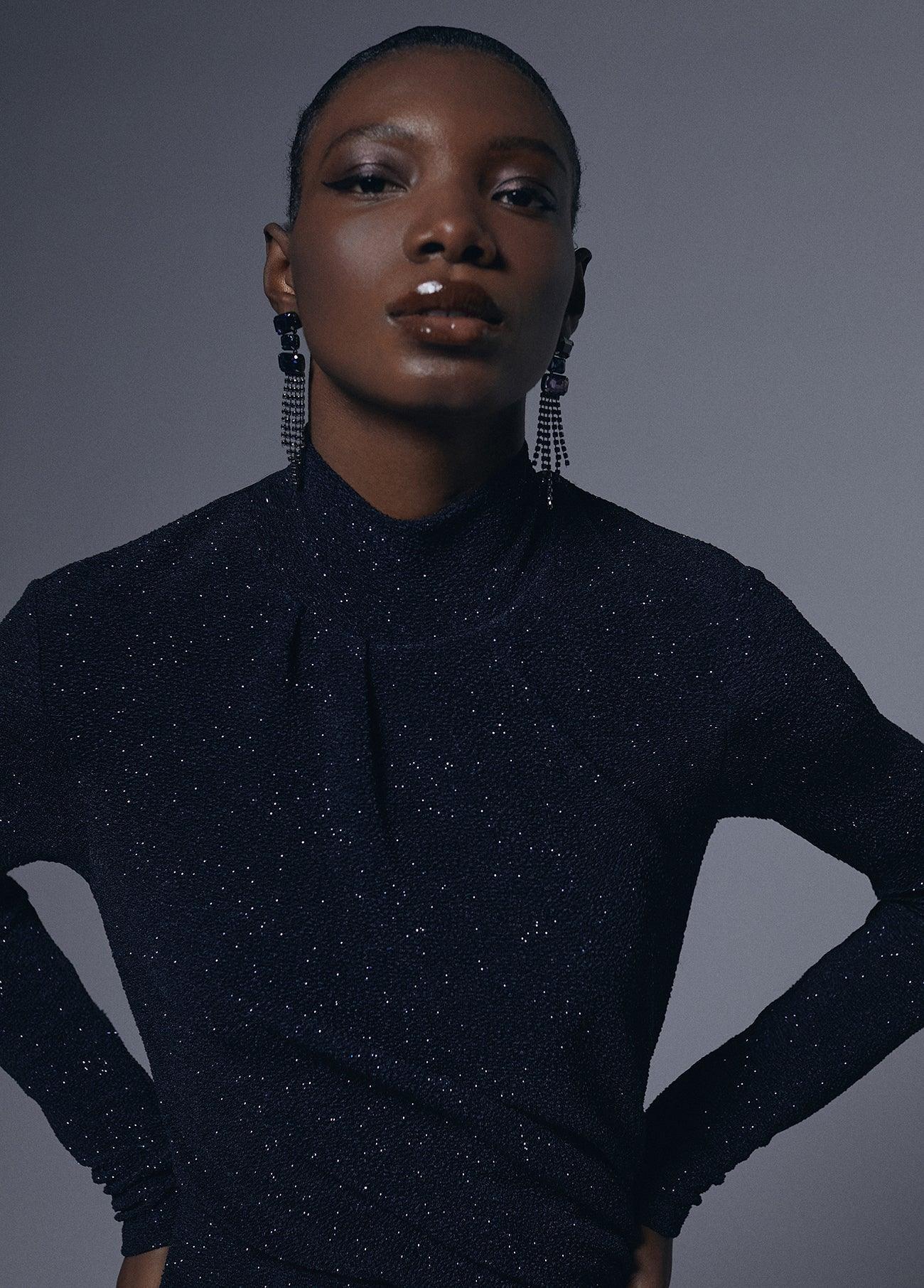 12465007-Draped dress with shoulder pads detail-Blue