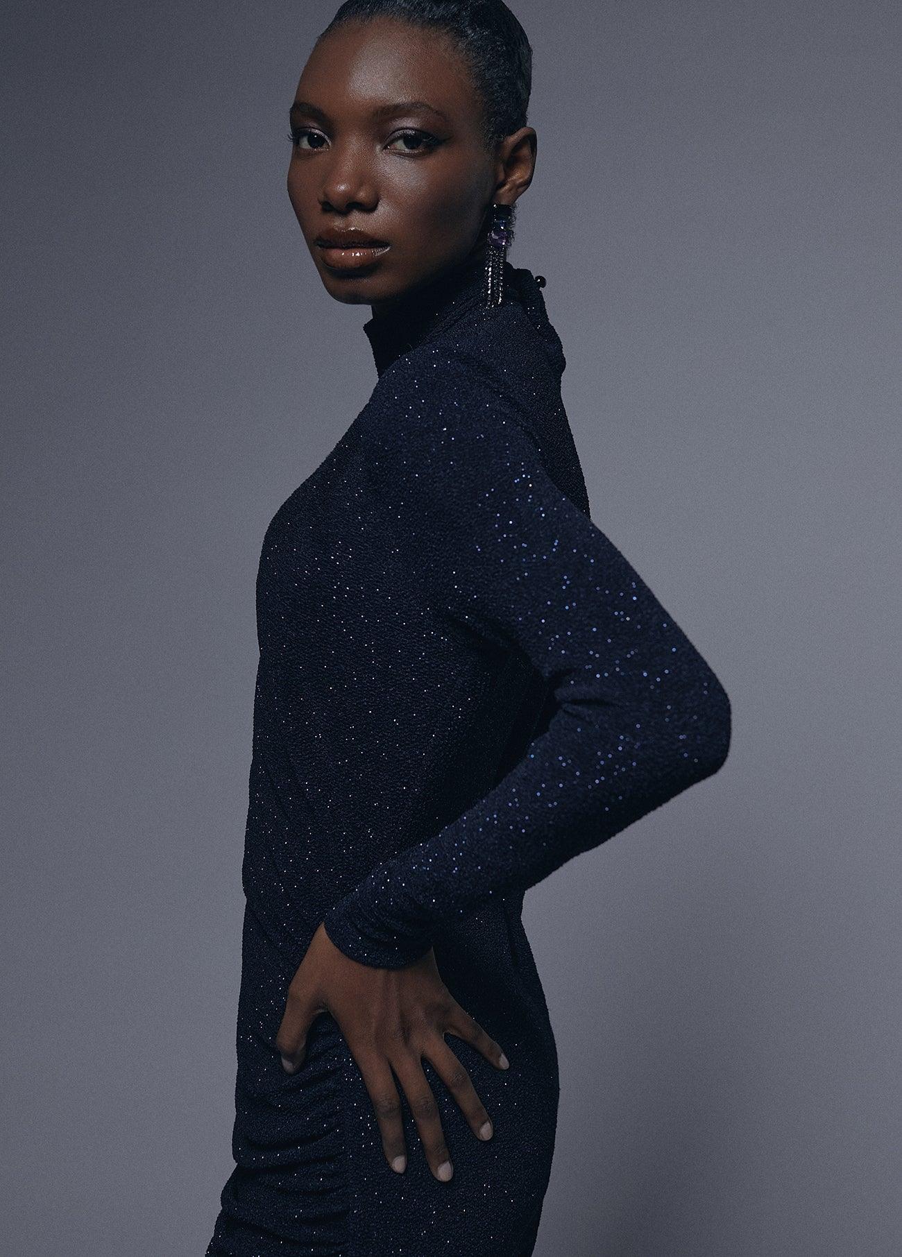 12465007-Draped dress with shoulder pads detail-Blue