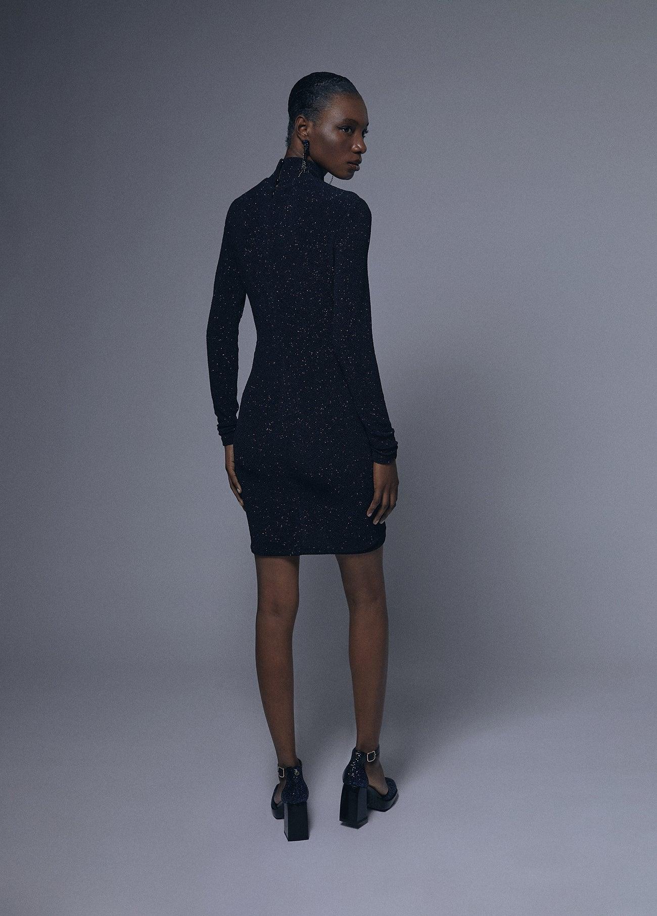 12465007-Draped dress with shoulder pads detail-Blue