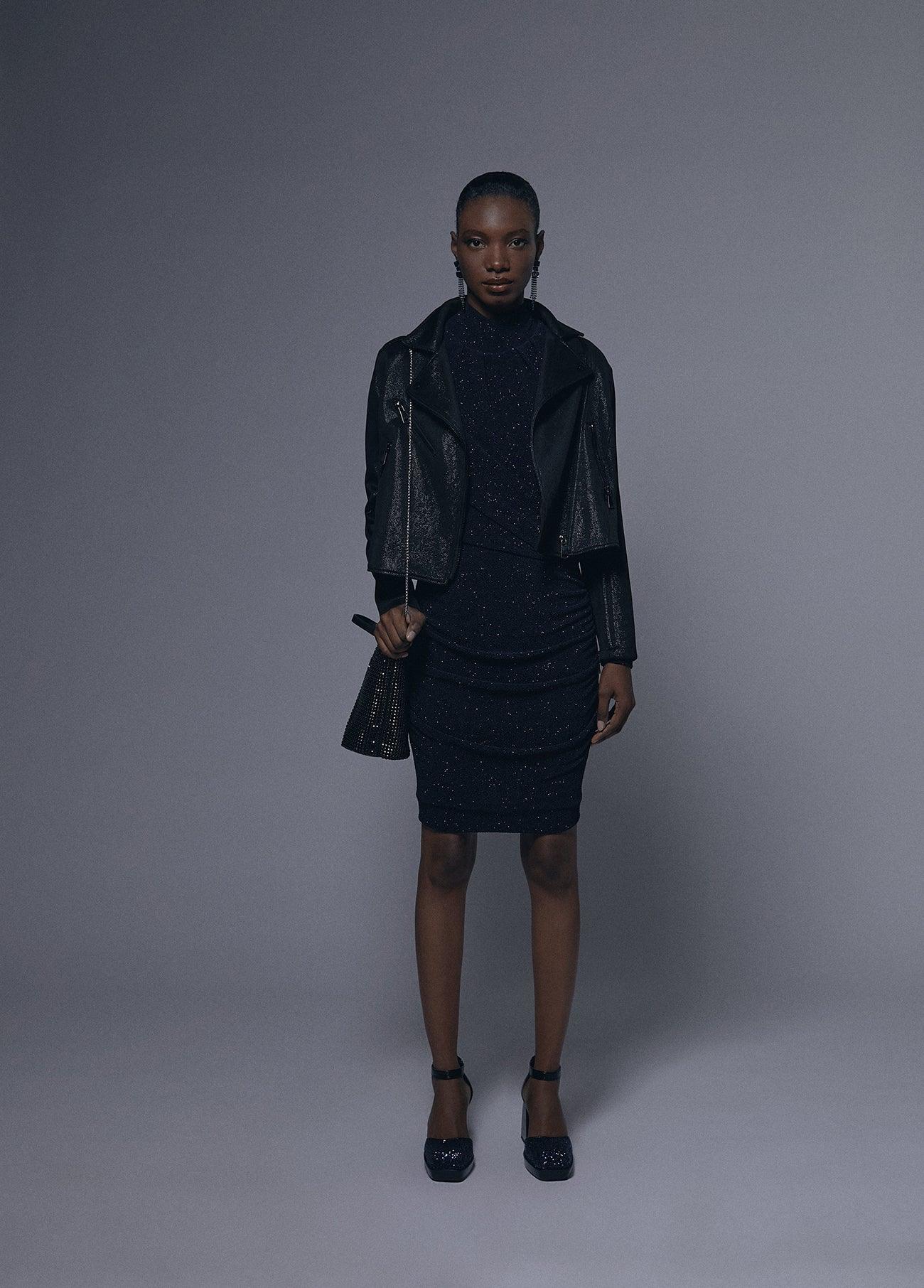 12465007-Draped dress with shoulder pads detail-Blue