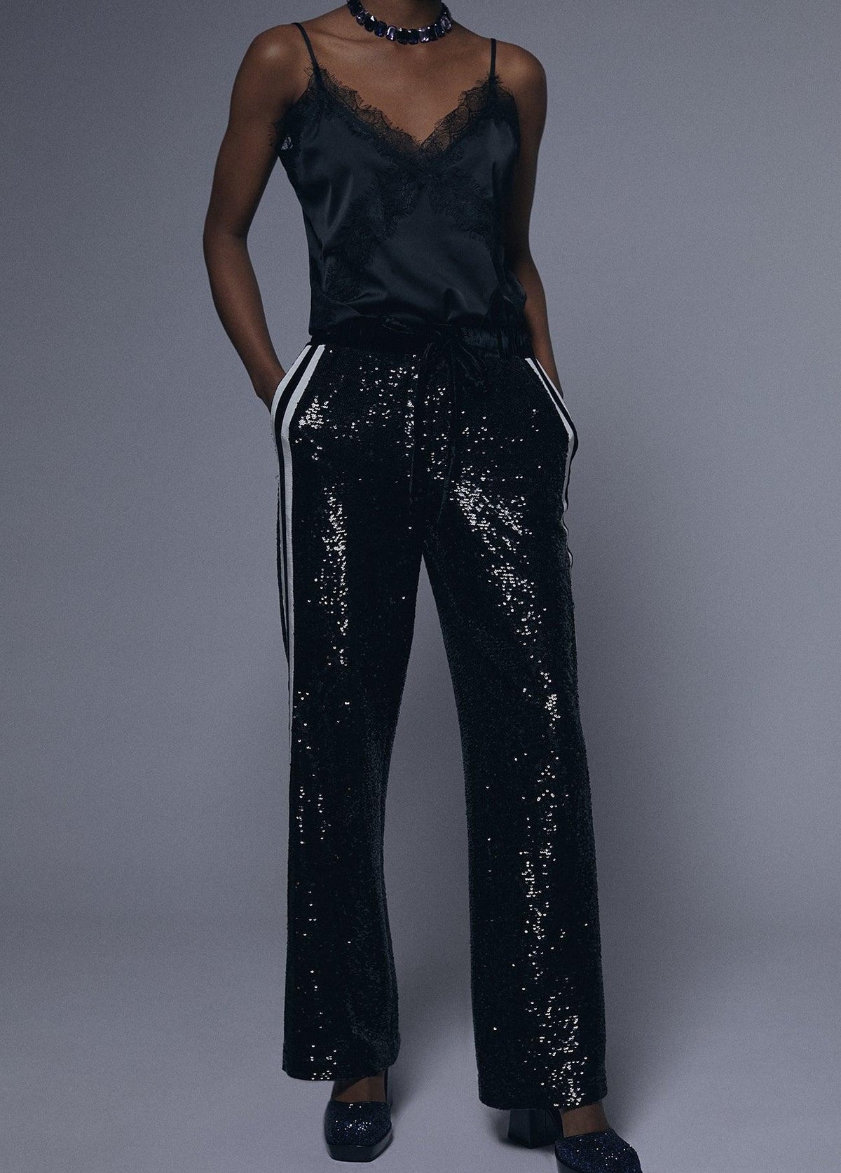 12467023-Straight sequin trousers-Black