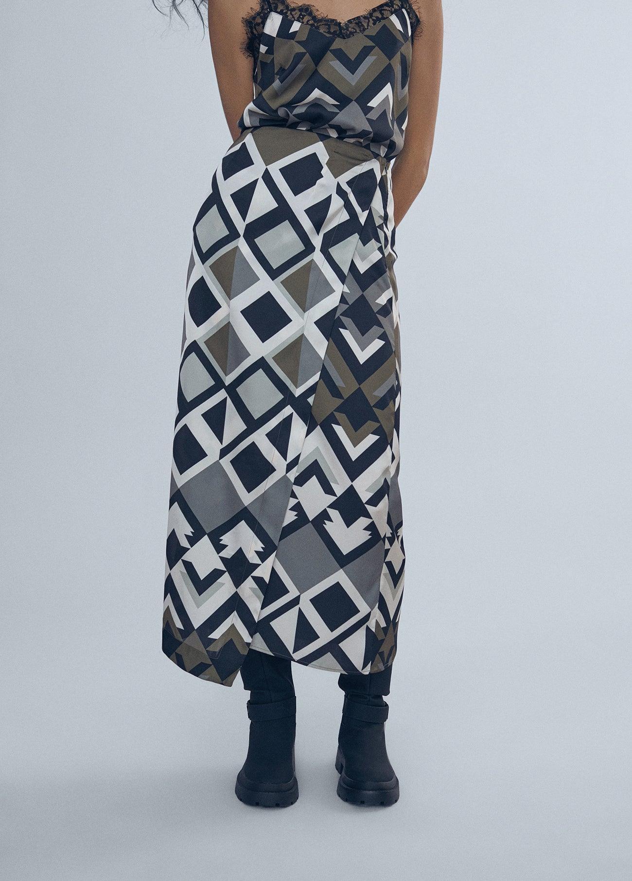 12468011-Asymmetric printed skirt-Kaki