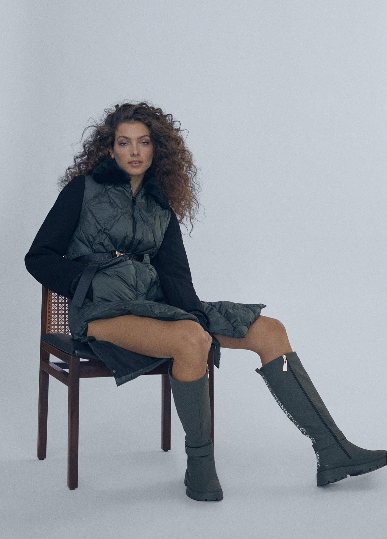 12470016-Quilted coat with belt detail-Kaki