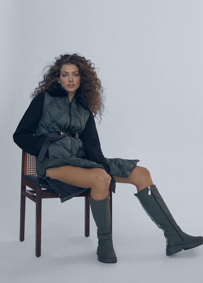 12470016-Quilted coat with belt detail-Kaki