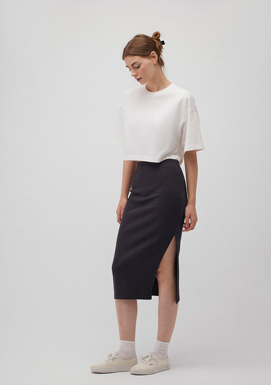 Side Slit Black Midi Skirt