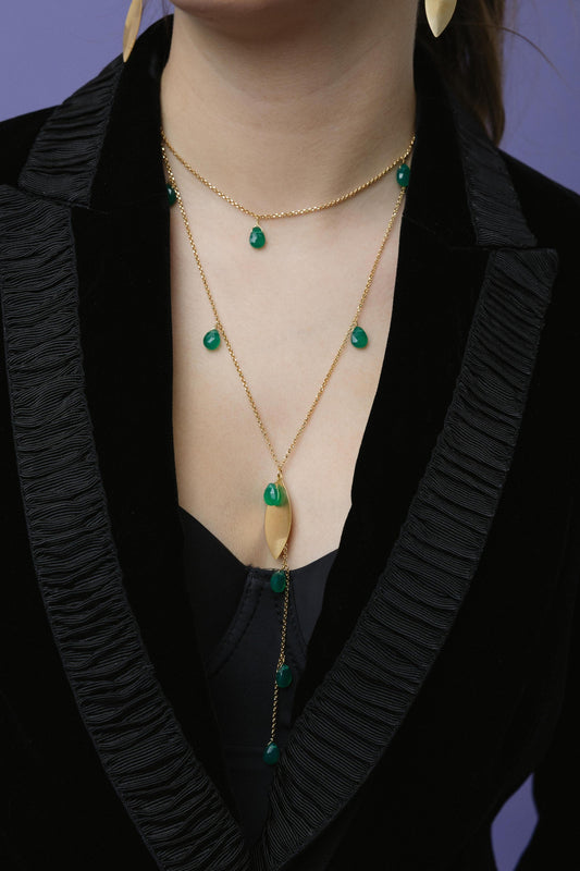 148COAV-Silver Yellow Gold Plated Necklace with Sem Precious Stones-Silver Yellow Gold Plated