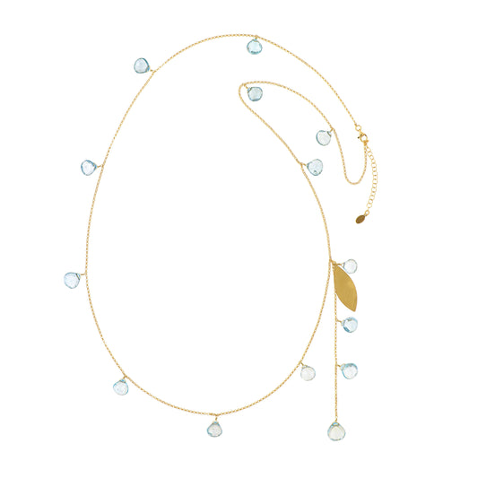 148COLBT-Silver Yellow Gold Plated Necklace with Flat Drops of Light Blue Chianite that you can wear in many Different Way-Yellow Gold Plated