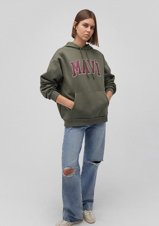 Mavi Logo Printed Hooded Green Sweatshirt