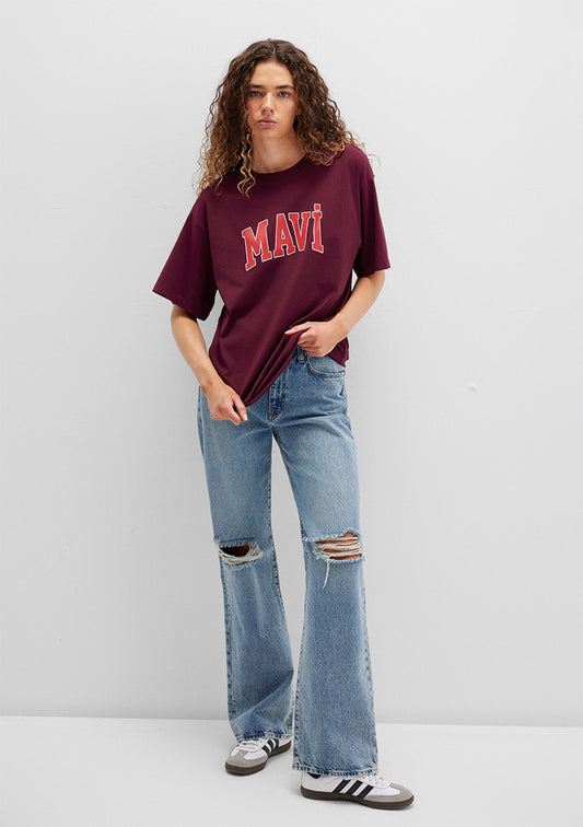 Mavi Logo Printed Burgundy T-shirt