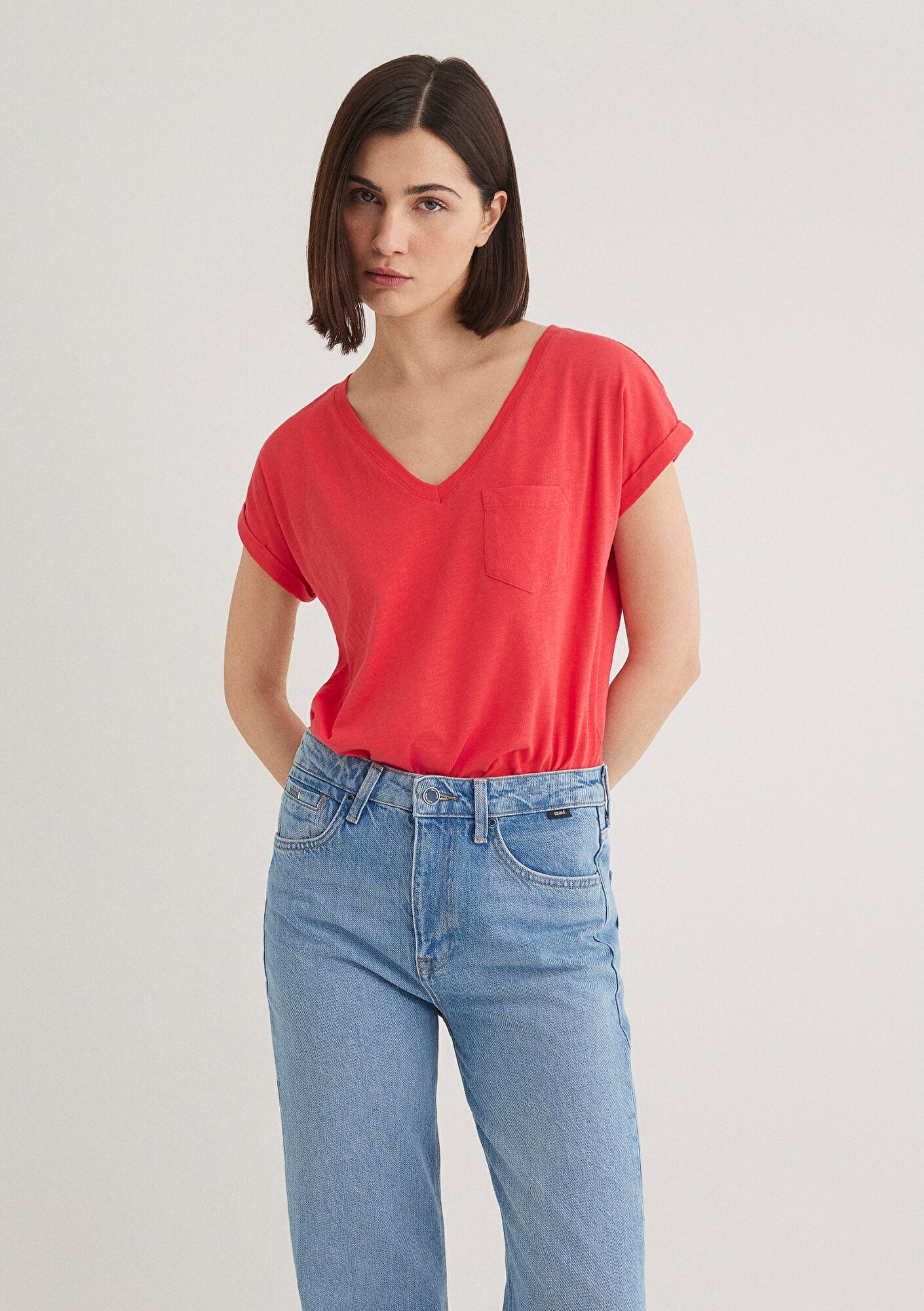 V Neck Pink Basic T-Shirt
