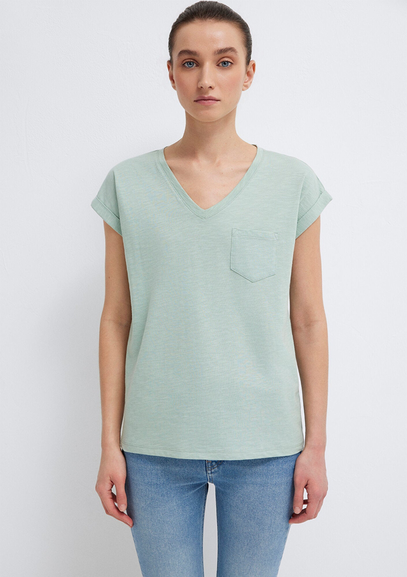 V-Neck Green Basic T-Shirt
