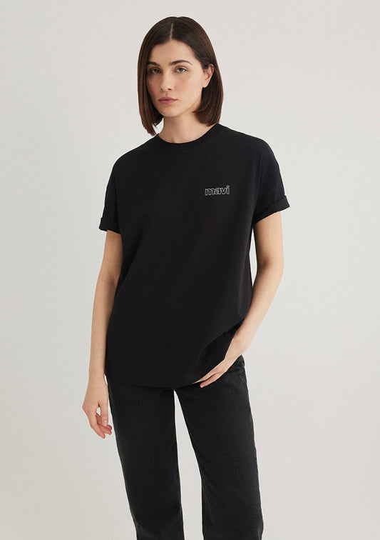 Mavi Logo Printed Black Top