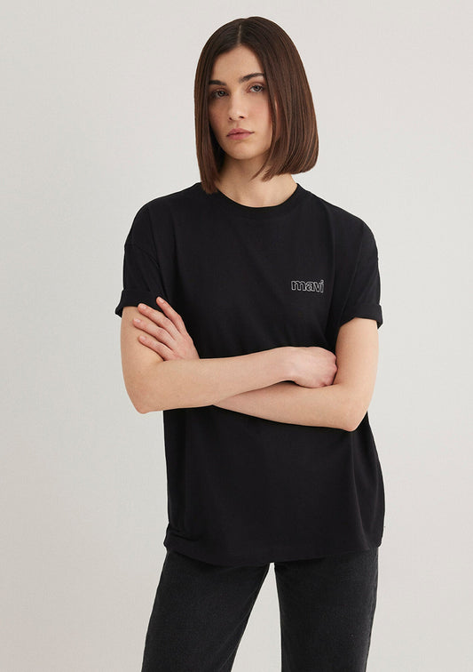 Mavi Logo Printed Black Top