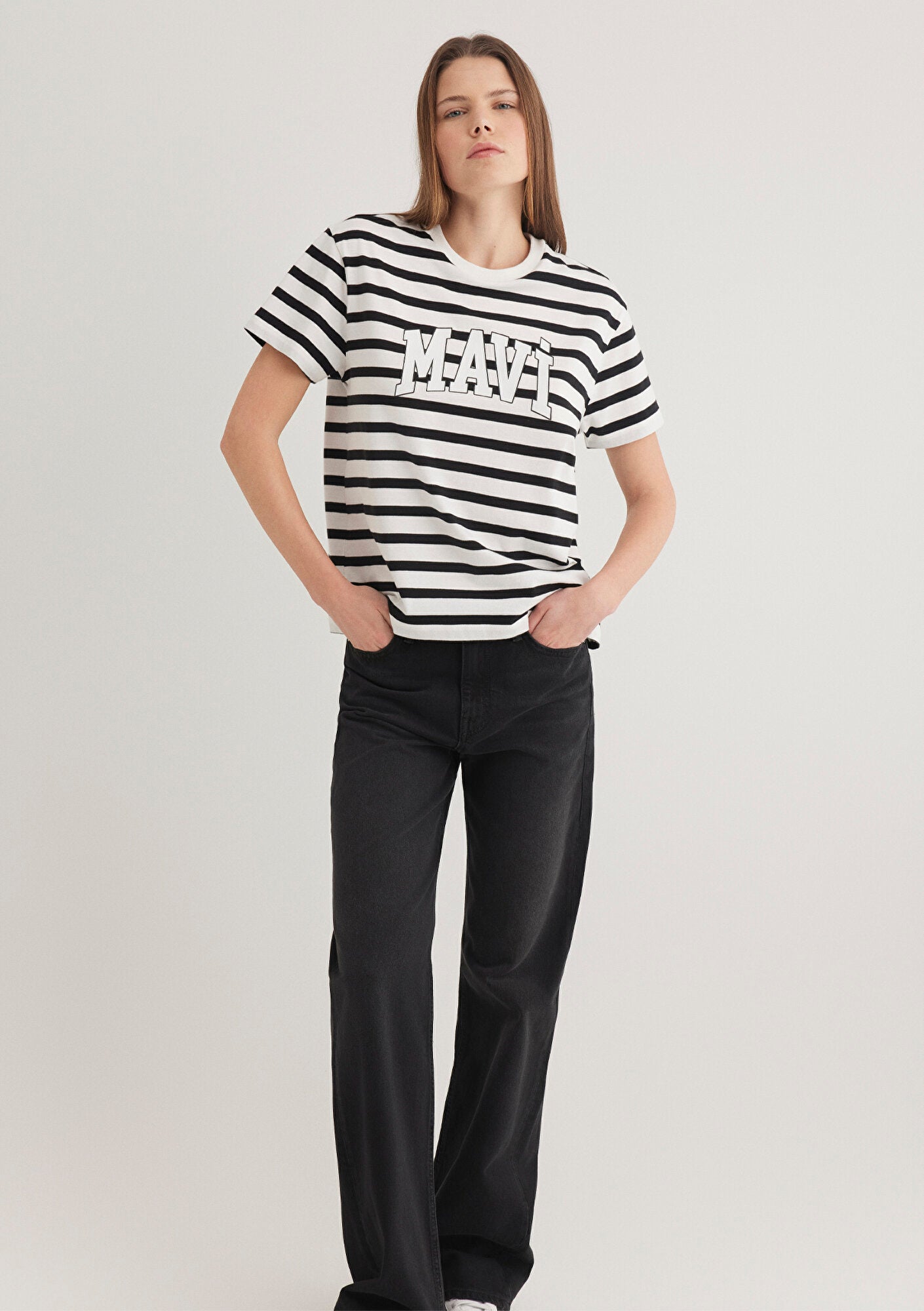 Mavi Logo Printed Black Striped T-Shirt