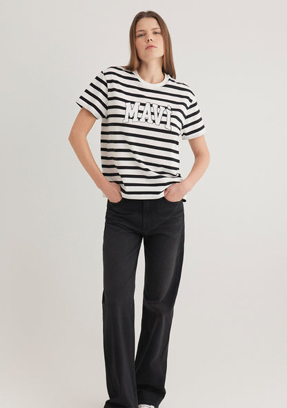 Mavi Logo Printed Black Striped T-Shirt