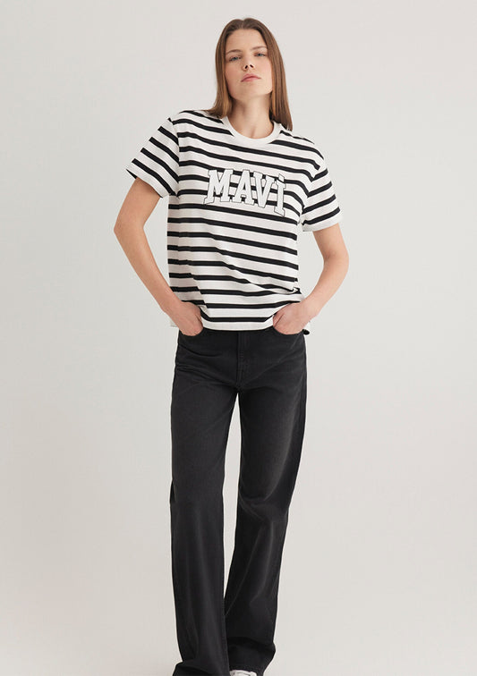 Mavi Logo Printed Black Striped T-Shirt