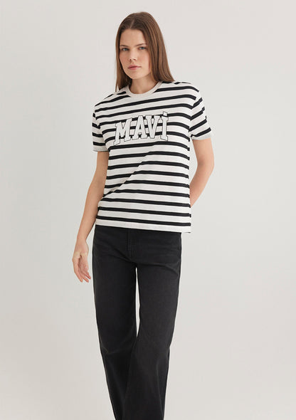 Mavi Logo Printed Black Striped T-Shirt