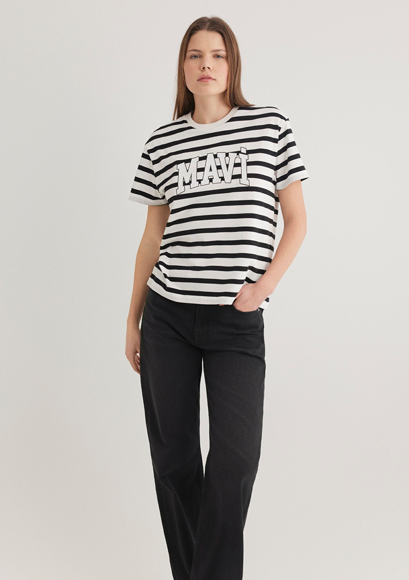 Mavi Logo Printed Black Striped T-Shirt