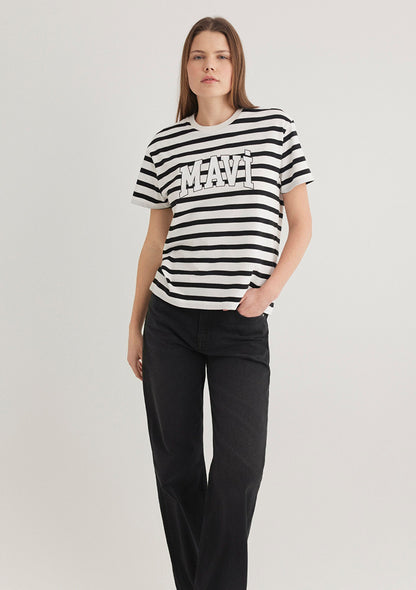 Mavi Logo Printed Black Striped T-Shirt
