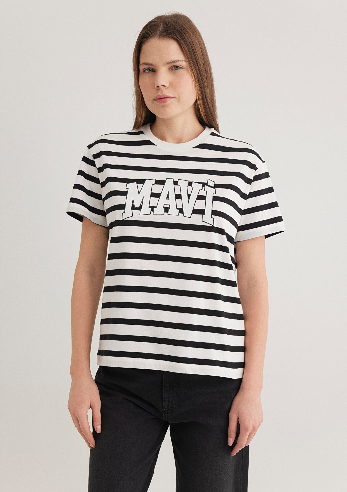 Mavi Logo Printed Black Striped T-Shirt