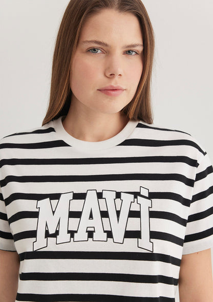 Mavi Logo Printed Black Striped T-Shirt