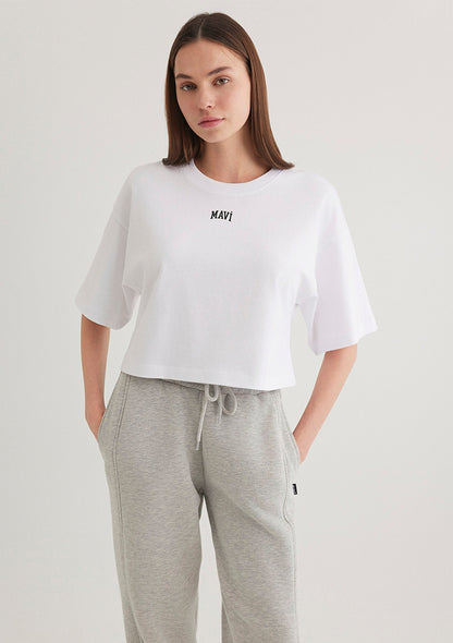 Mavi Logo Printed White Crop T-Shirt
