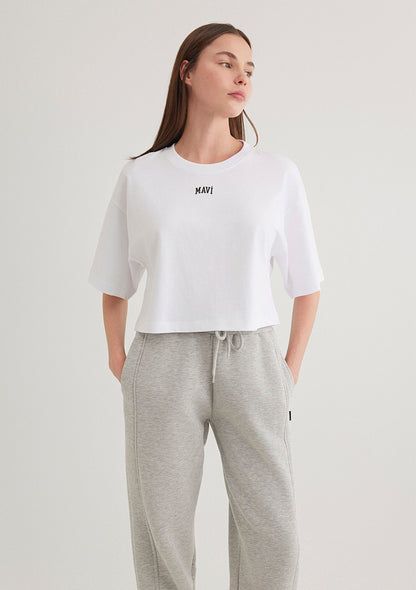 Mavi Logo Printed White Crop T-Shirt