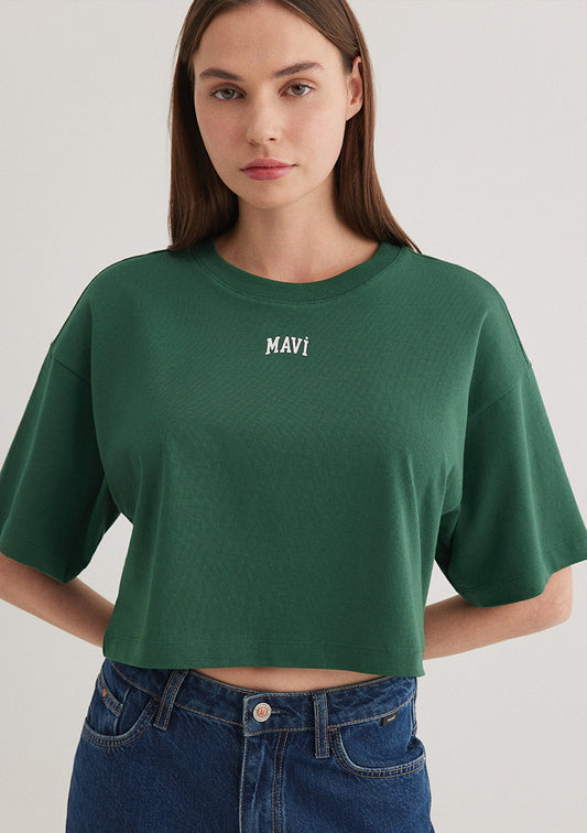 Mavi Logo Printed Green Crop T-Shirt