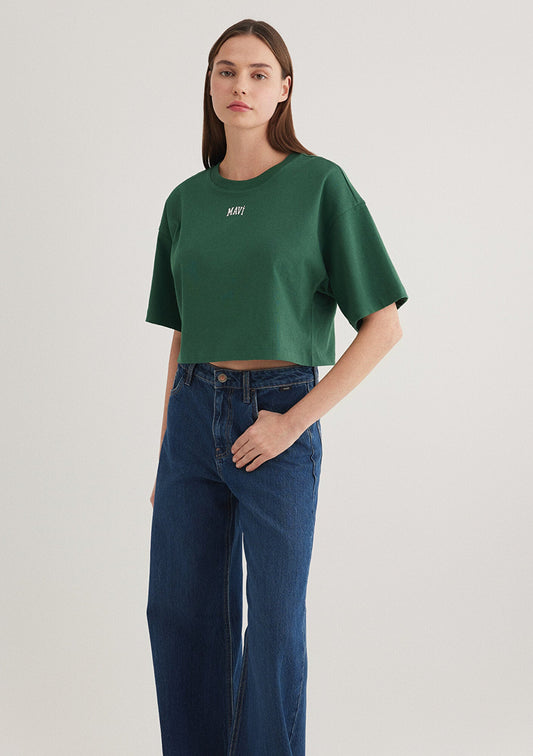 Mavi Logo Printed Green Crop T-Shirt