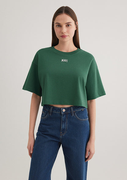 Mavi Logo Printed Green Crop T-Shirt