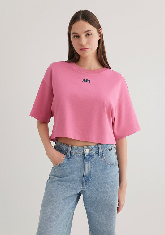 Mavi Logo Printed Pink Crop T-Shirt