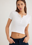 Half Button White Basic T-Shirt