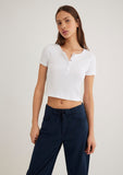 Half Button White Basic T-Shirt
