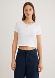 Half Button White Basic T-Shirt