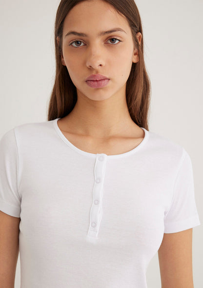 Half Button White Basic T-Shirt
