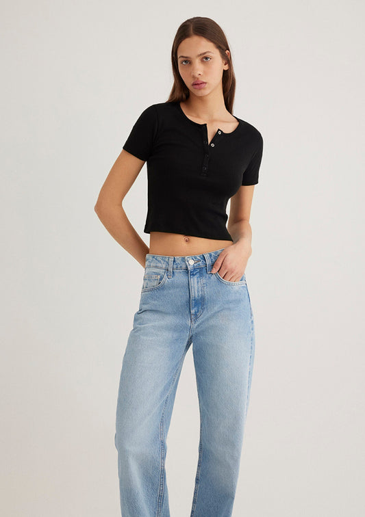 Half Button Black Basic T-Shirt
