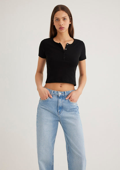 Half Button Black Basic T-Shirt